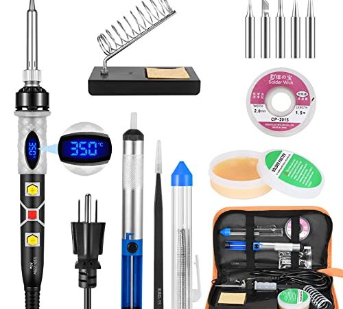 KLARYTYMA Soldering Iron Kit, 80W Digital Soldering Iron with 5pcs Tips, Desoldering Pump/Wick, Solder/Flux, Tweezers, Stand, Leather Storage Bag for Repairing Electronics, DIY Project