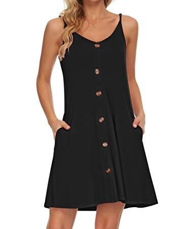 WNEEDU Black Dress for Women Summer Spaghetti Strap Button Down V Neck Casual Beach Cover Up Dress with Pockets (L, Black)