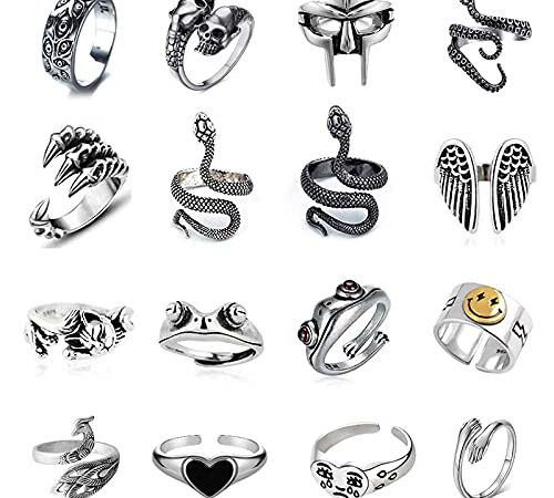 16Pcs Vintage Punk Rings for Men Women Adjustable Open Ring Set Y2k Gothic Knuckle Rings Snake Frog Dragon Claw Peacock Skull Rings Retro Jewelry