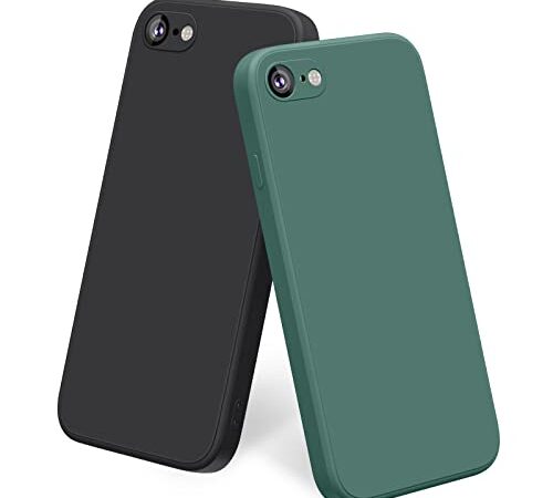 2 Pack Case for iPhone SE 2020 / iPhone 8 / iPhone 7, 4.7-Inch, Silicone Shockproof Bumper Cover with Microfiber Lining (Black+Dark Green)