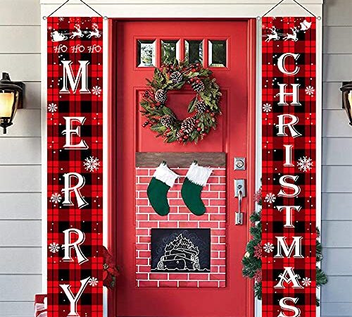 ALINK Merry Christmas Door Banners Red Black Buffalo Check Plaid Banners Hanging Front Door Plaque Pendant Decoration for Home Office Shop (70.8 x 11.8 Inch)