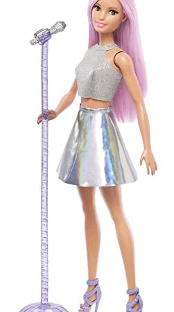 Barbie Pop Star Doll Dressed in Iridescent Skirt with Microphone and Pink Hair, Gift for 3 to 7 Year Olds​