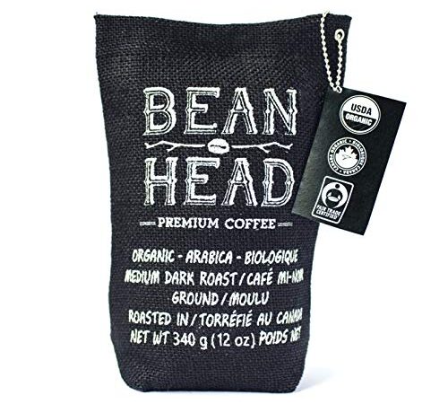 Bean Head Specialty Coffee, Medium Dark Roast, Ground, Certified Organic, Roasted in Canada, 340g, Fairtrade, Kosher Coffee