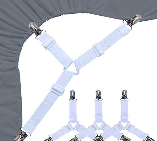 Bed Sheet Holders Straps Fasteners - 4 Pcs Triangle Sheet Fasteners Fitted Flat Sheet Corner Holder Elastic Adjustable Bed Band Sheet Holders Clip Suspenders Grippers White