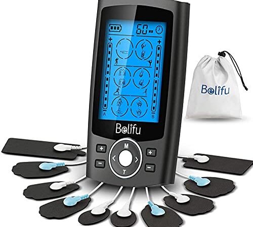 Belifu Dual Channel TENS EMS Unit 24 Modes Muscle Stimulator for Pain Relief Therapy, Electronic Pulse Massager Muscle Massager with 10 Pads, Dust-Proof Drawstring Storage Bag，Fastening Cable Ties