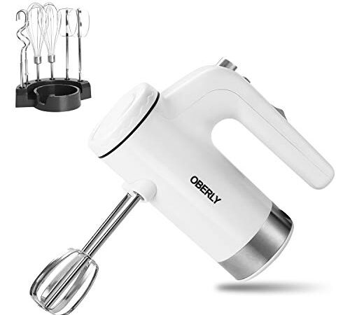 Hand Mixer Electric 2021 Upgrade, OBERLY 400W Power 5-Speed Electric Handheld Mixer with Turbo Boost, Eject Button, Storage Base with 6 Stainless Steel Attachments (2 Beaters, 2 Dough Hooks and 2 Whisk)