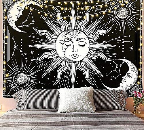 Jasion Moon and Sun Tapestry Burning Sun with Star Psychedelic Mystic Wall Hanging Poster Black and White Tapestry Art for Home Headboard Dorm Decor in 51x60 Inches