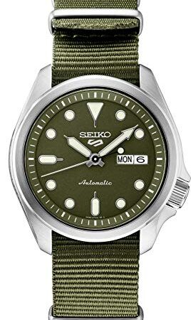 Seiko Men's 5 Sports Stainless Steel Automatic Watch with Nylon Strap, Green, 22 (Model: SRPE65)