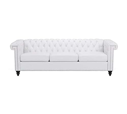 Sofa Living Room Tufted 3-seat Sofa White Faux Leather, living room sofa sets, sofa covers for 3 cushion couch set