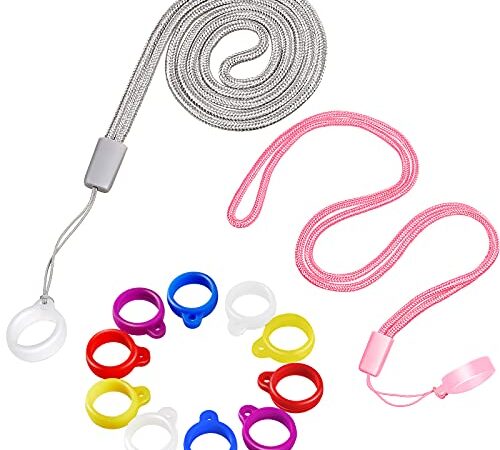 2 Anti-Lost Necklace Lanyard with 12 Pieces Anti-Lost Silicone Rubber Ring Pen Silicone Lanyard Holder (Adorable Style), As Shown, as shown