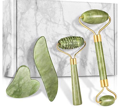 4-pcs Jade Roller & Gua Sha Set, Facial Roller Massager with Gua Sha Scraping Tool, Jade Stone Massager for Anti-aging, Slimming & Firming, Rejuvenate Face and Neck, Remove Wrinkles & Eye Puffiness