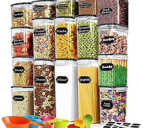 Airtight Food Storage Containers with Lids, Trusthere 17-Piece Set, BPA Free Clear Plastic Kitchen and Pantry Organization Canisters for Cereal & Dry Food, Sugar, Flour, Snack, Baking Supplies Includes Labels, Marker & Spoon Set