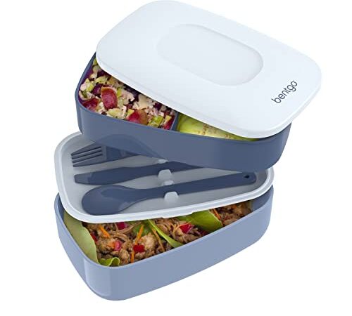 Bentgo Classic - All-in-One Stackable Bento Lunch Box Container - Modern Bento-Style Design Includes 2 Stackable Containers, Built-in Plastic Utensil Set, and Nylon Sealing Strap (Slate)