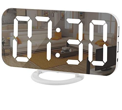 Digital Clock Large Display, LED Electric Alarm Clocks Mirror Surface for Makeup with Diming Mode, 3 Levels Brightness, Dual USB Ports Modern Decoration for Home Bedroom Decor-White