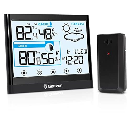 Geevon Wireless Weather Station Indoor Outdoor Thermometer, Digital LCD Display Temperature Humidity Monitor Gauge, Weather Hygrometer with Backlight and Alarm Clock for Home Office