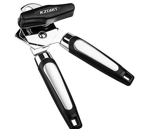 KzGrit Manual Can Opener, Food-Safe Stainless Steel, Smooth Edge, Tin Lids Jar Bottle Caps Openers with Non-Slip Handle and Ergonomic Turning Knob for Elderly with Arthritis(Black)