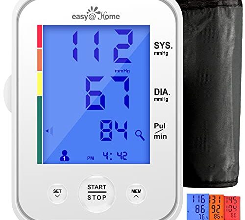 Large Cuff Easy@Home Digital Upper Arm Blood Pressure Monitor (BP Monitor), 3-Color Hypertension Backlit display and Pulse Meter-FDA Cleared for OTC, IHB Indicator, 2 User, FSA Eligible EBP-095L