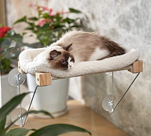 Neekor Hammock Window Bed, Cat Window Perch with Soft Pet Bed, Wooden Cat Window Seat, Indoor Sunbathing Kitten Bed with Strong Suction Cups for Overlooking