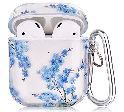 QINGQING Compatible with Airpods Case, Clear Blue Floral Design Case Cover Portable & Shockproof Women Men Girls with Keychain/Strap for Airpods 2/1 Charging Case (Blue Floral)