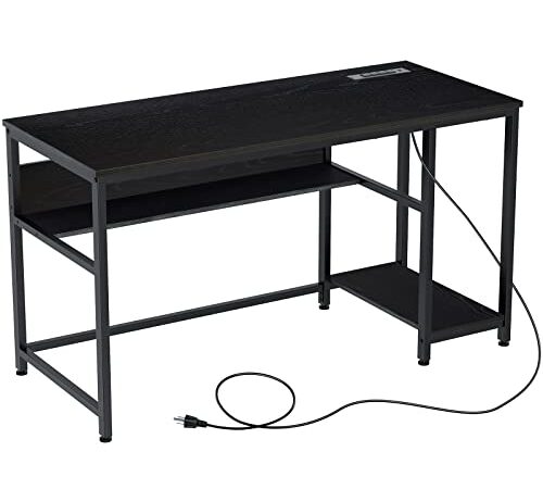 Rolanstar Computer Desk with Recessed Power Strip, 55" Office Desk with 2 Storage Shelves with Corner Protectors, Study Table, Workstation,Business Style, Stable Metal Frame, Black