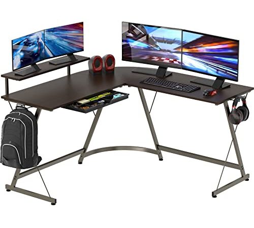 SHW Computer L-Shaped Gaming Desk with Monitor Stand for Home Office, Expresso