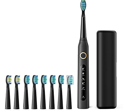 Sonic Electric Toothbrushes for Adults with 8 Brushheads , 5 Modes Rechargeable Power Toothbrushes with Case , 4 Hours Fast Charge Lasts 30 Days , Waterproof IPX7 Used for Home & Travel , Black