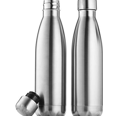 Triple Insulated Stainless Steel Water Bottle (set of 2) 17 Ounce, Sleek Insulated Water Bottles, Keeps Hot and Cold, 100% LeakProof Lids, Sweat Proof Water Bottles, Great for Travel, Picnic & Camping