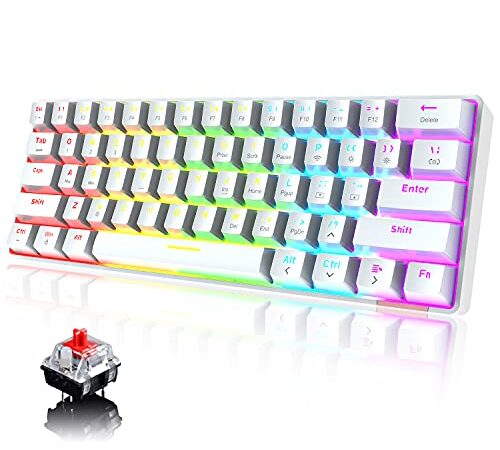 60% Wireless Mechanical Gaming Keyboard with Rainbow RGB Backlight Compact 61 Key Ergonomic Rechargeable Anti-ghosting Bluetooth 5.0 Type-C USB Wired for Typist PC Laptop Mac Gamer (White/Red Switch)