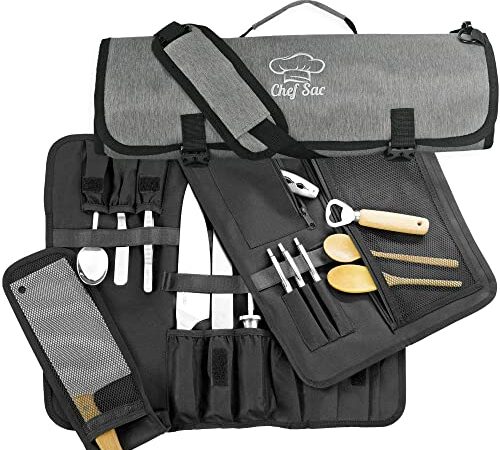 Chef Knife Roll Bag | 8+ Slots for Knives & Kitchen Tools | Water Resistant Knife Bag | Knife Carrying Case Only, Tools Not Included | Chef Knife Bag for Professional Chefs & Culinary Students (Grey)