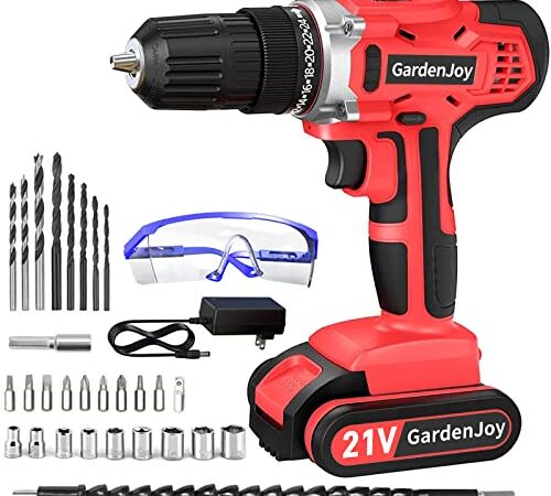 GardenJoy 21V Max Power Cordless Drill Electric Impact Driver/Drill Kit with 2 Variable Speed（0-1500) 3/8'' Keyless Chuck 24+1 Torque Setting Fast Charger and Accessories Tools for Home Improvement