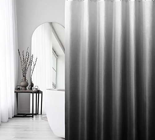 Gibelle Black Shower Curtain, Waffle Weave Ombre Fabric Shower Curtain for Bathroom, Black and White Gradual Color Washable Cloth Bathroom Curtains Shower Set with Hooks, 72 x 72