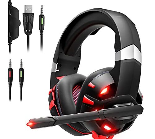 GIZORI Gaming Headset Xbox Headset, PS5 Headset with 7.1 Surround Sound Stereo, Gaming Headphones with Noise Canceling Mic & LED Light, Compatible with Xbox Series X|S, PS4, PS5, PC (Red), (K2)