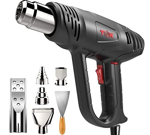 Heat Gun, TGK 1800W Heavy Duty Hot Air Gun Kit 122℉~1202℉ Dual Temperature Settings with 6 Nozzle Attachments Overload Protection for Crafts, Shrink Wrapping/Tubing, Paint Removing, Epoxy Resin