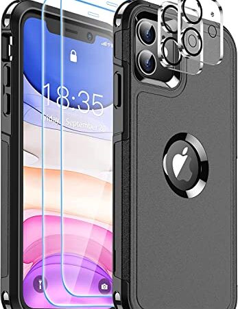 Hualele [5 in 1] iPhone 11 Case, [10 FT Military Dropproof] [2+Tempered Glass Screen, 2+Tempered Camera Lens Protector] Non-Slip Heavy Duty Full-Body Shockproof Phone Case-Black