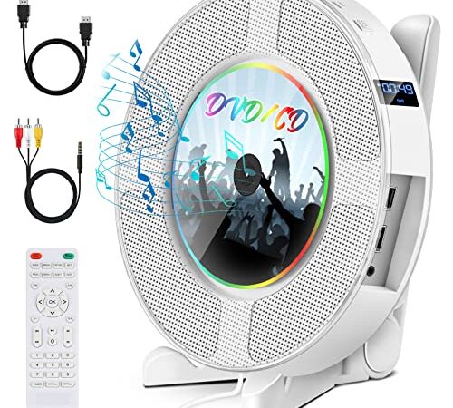 Portable CD DVD Player with Bluetooth, Wall Mountable CD Music Player for Home, FANGOR White CD Player with Remote Control, Built-in HiFi Speakers, Support 1080P HDMI/AV Output/USB with Dust Cover