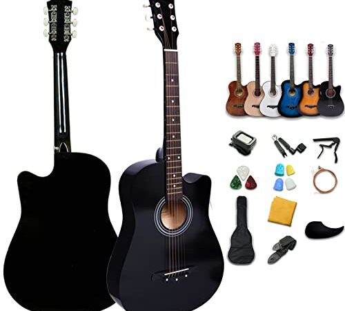 Rosefinch 38 inch Acoustic Guitar 3/4 Size Cutaway Basswood Guitar for Beginner Adults Childs Starter Bundle Kit (BLACK 38 inch)