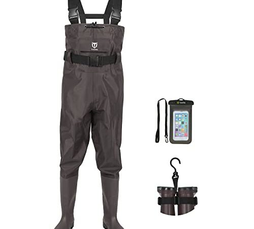 TideWe Bootfoot Chest Waders, PVC Fishing Waders 2-Ply Nylon Waterproof Hunting Waders with Boot Hanger for Men and Women Brown Size 11