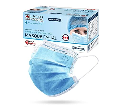 United Canada - ASTM Level 3 Disposable Medical Mask - MADE IN CANADA – L3 Face Mask | Masques Médicaux Jetable – (50 PCS) (Pack of 1)