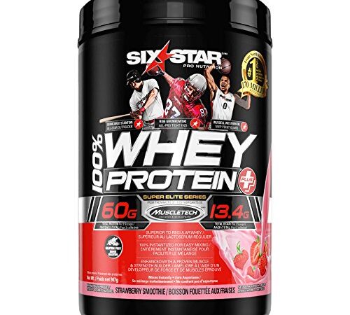 Whey Protein Powder + Creatine Monohydrate, Six Star 100% Whey Protein Plus, Whey Protein Isolate & Peptides, Lean Protein Powder for Muscle Gain, Whey Isolate Protein Shake, Strawberry, 2 lbs