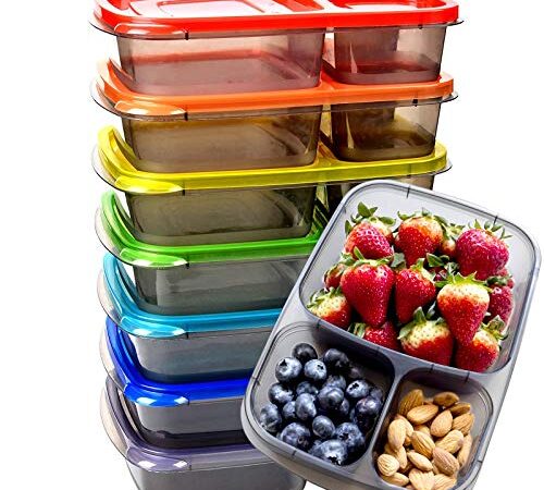 Youngever 7 Pack Bento Lunch Box, Meal Prep Containers, Reusable 3 Compartment Plastic Divided Food Storage Container Boxes