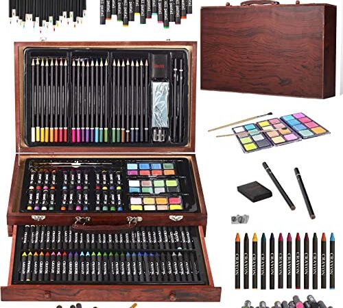 Art Set, SFSUMART 148 Pack Deluxe Art Supplies, Wooden Arts Crafts Drawing Painting Coloring Kit, Crayons Oil Pastels Colour Pencils for Budding & Prefession Kids Teens Artists (Brown)