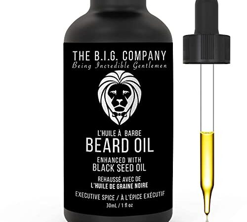 B.I.G. Beard Oil - Non-Greasy with 24h Moisturizing Power - Made in Canada - Black Seed Oil for Beard Health & Growth Support - Executive Spice Scent