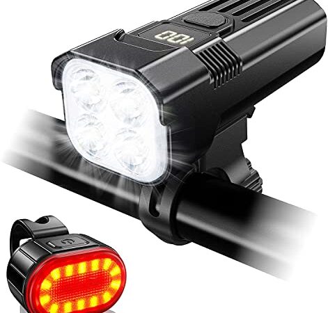 Bike Lights Set, 4 LED Front and Back Rear Bicycle Light, Super Bright 2000 Lumen Cycling Lights, IP65 Waterproof Mountain Road Headlight and Taillight for Night Riding, Quick-Release (6 Modes)