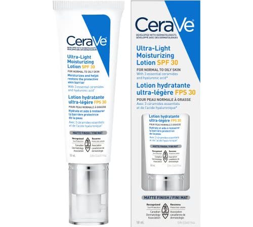 CeraVe Ultra-light Face Moisturizer with SPF 30. Hyaluronic Acid face sunscreen lotion for Men & Women, Normal to Oily & sensitive skin. Fragrance-Free, Oil-Free, Non-Comedogenic, Travel Size 50ML