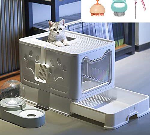 Foldable Cat Litter Box with Lid Drawer Type Include Scoop, Massage Comb Brush, Pet Silicone Shampoo Brush, Feather Teaser Cat Toy, Easy Clean, Large Capacity