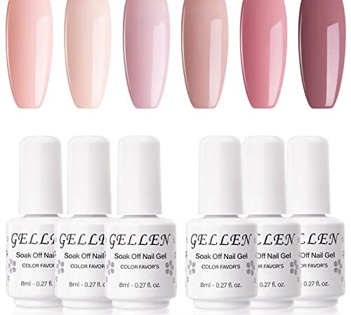 Gellen Gel Nail Polish Set - Pinks and Nudes Pastel 6 Colors, Warm Blush Tones Gel Polish - Popular Nail Art Design Home Gel Manicure Kit