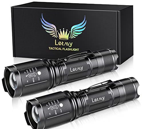 LETMY LED Tactical Flashlight S2000 PRO - Ultra Bright High Lumens XML T6 LED Flashlights - Zoomable, 5 Modes Flashlights, Water Resistant Flash Light for Camping Accessories, Emergency Gear, 2 Pack