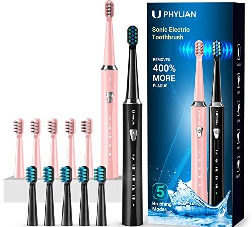 Sonic Electric Toothbrushes for Adults and Kids - PHYLIAN H10 High Power Rechargeable Toothbrushes, Electric Toothbrush 2 Pack with 3 Hours Fast Charge for 60 Days Black Pink