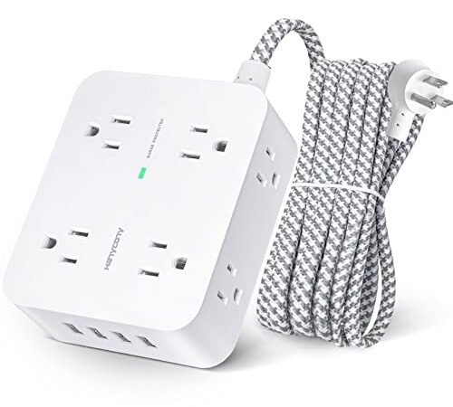 Surge Protector Power Bar - 8 Widely Outlets with 4 USB Charging Ports, 3 Side Power Strip with 5Ft Braided Extension Cord, Flat Plug, Wall Mount, Desk USB Charging Station for Home Office