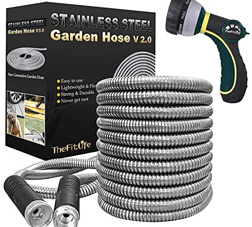 TheFitLife Flexible Metal Garden Hose - 2022 Newest Leak and Break Resistant Design, Stainless Steel Water Hose with Upgrade Solid Metal Fittings, Lightweight Kink Free Durable Easy Storage (50 Feet)